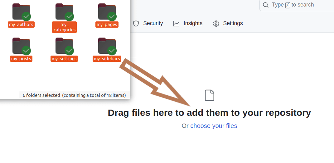 Screenshot representing dragging and dropping workspace folders into Github for uploading